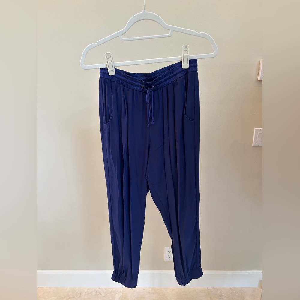 Ramy Brook Navy Blue Silk Joggers Elastic Waistband Tapered Leg